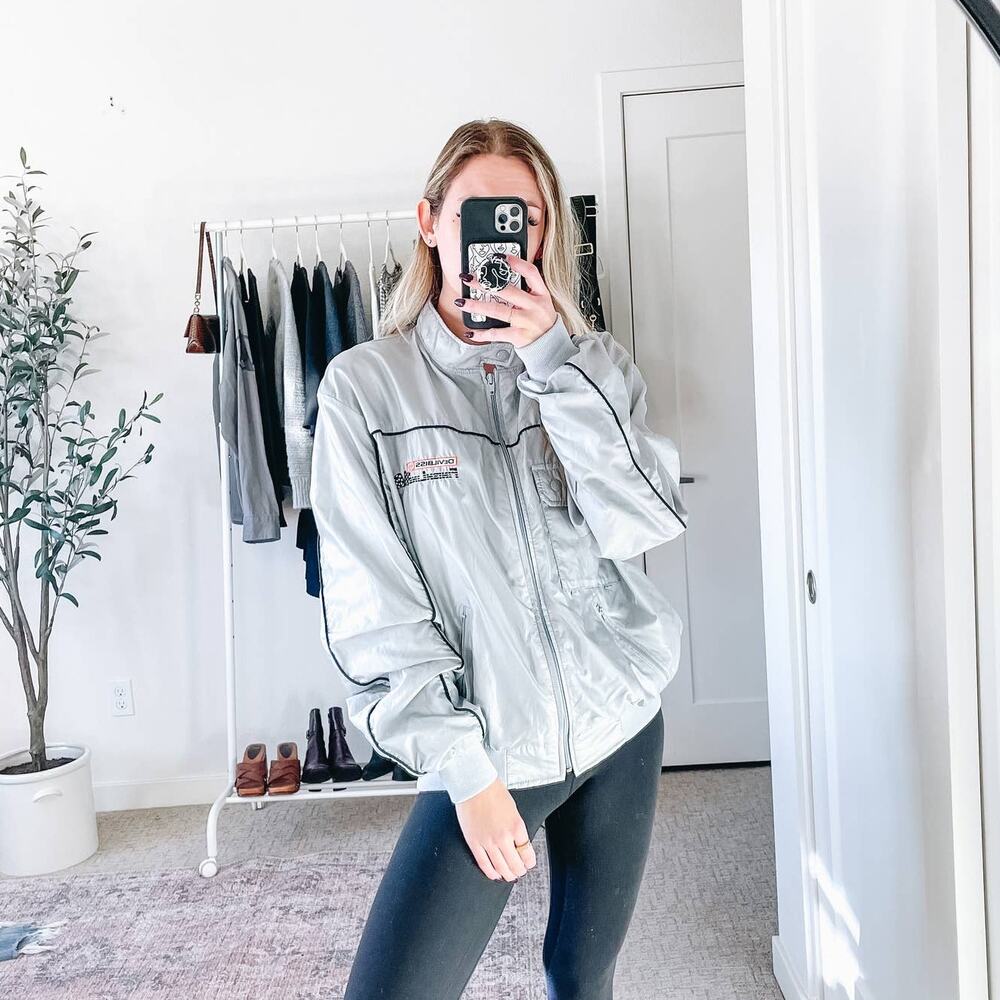 VINTAGE Holloway Finishline Silver‎ Gray Bomber Windbreaker Jacket